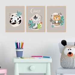 3 Affiches à encadrer pour chambre d'enfant - Jungle - Panda - Zèbre - Léopard