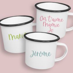 Tasse émaillée personnalisable avec prénom ou petit texte coloré