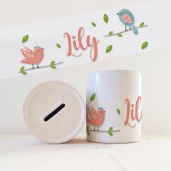 Tirelire  enfant avec prénom modèle Oiseaux