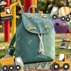 Sac à dos enfant personnalisé en coton bio modèle Chantier, idéal pour la crèche et la maternelle