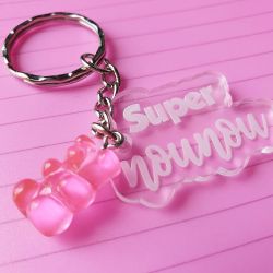 Porte clé plexi transparent et ourson Super nounou