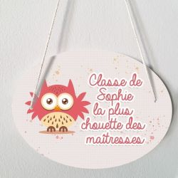 Plaque porte personnalisable - Chouette rose - salle de classe