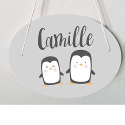 Plaque de porte chambre d'enfant personnalisable - modèle Camille - pingouin