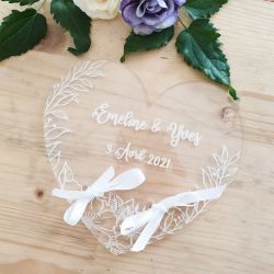 Plateau alliances mariage transparent ou en bois | Coeur personnalisé