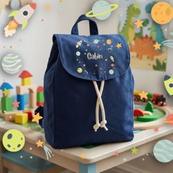 Sac à dos enfant personnalisé en coton bio modèle Espace, idéal pour la crèche et la maternelle