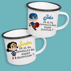 Tasse émaillée personnalisable pour demande au parrain / marraine - Super héros