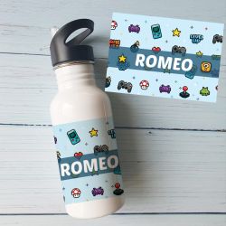 Gourde enfant personnalisée Gaming avec prénom | Gourde en acier inoxydable, en aluminium ou bouteille isotherme
