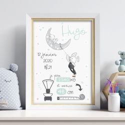 Affiche de naissance personnalisée Lapin et lune