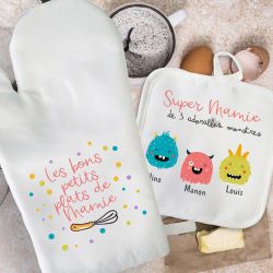 Duo Manique / gant personnalisés de cuisine pour Super Mamie / Tata / Marraine etc... Monstres
