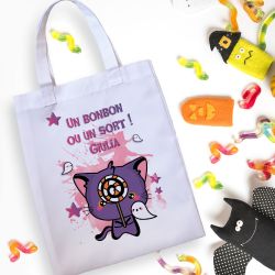 Tote bag enfant personnalisé Halloween Chat mauve